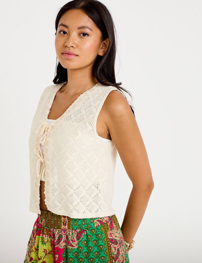Gilet sans manches col v macram&eacute; ecru femme