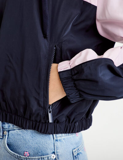 Veste cropped &agrave; capuche bas resserr&eacute; bleu marine femme