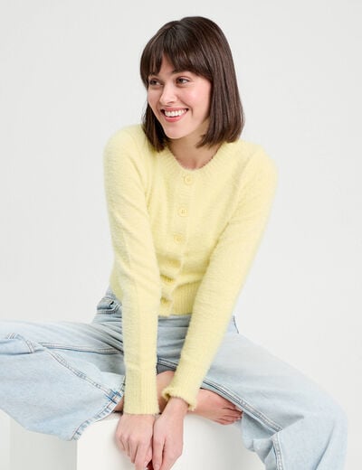 Gilet manches longues cropped jaune clair femme