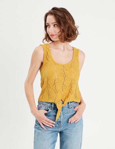 Débardeur broderie anglaise jaune moutarde femme