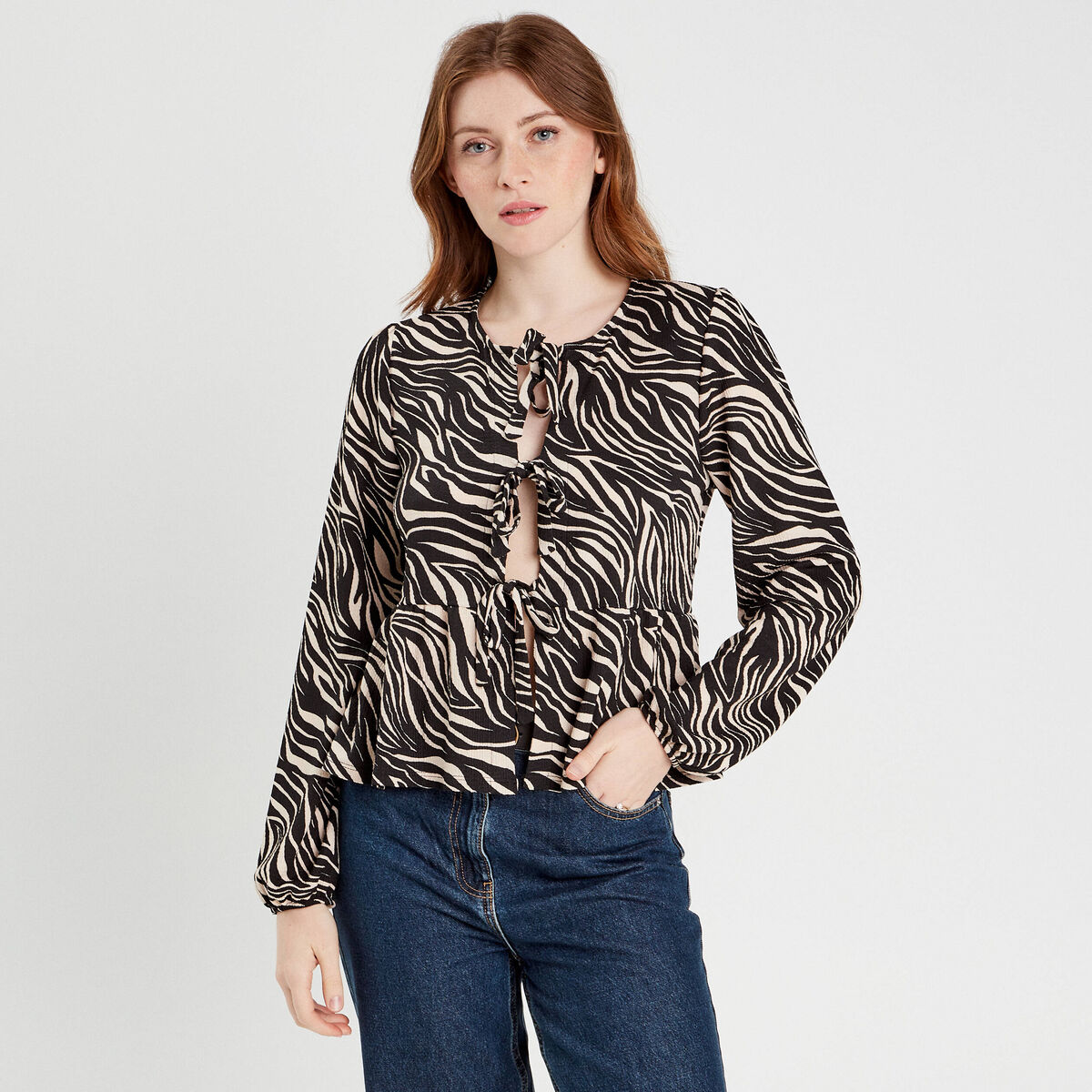 Blouse nouée manches longues noir femme