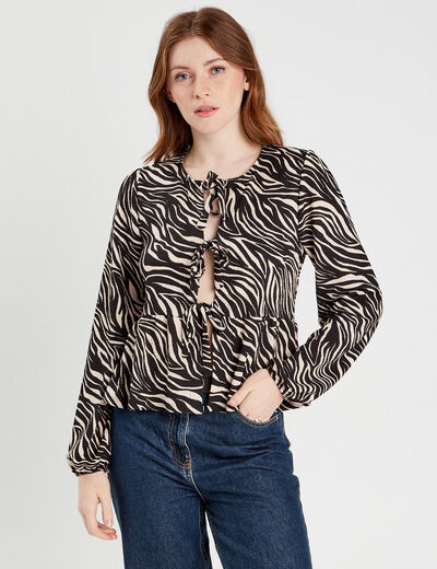 Blouse nouée manches longues noir femme
