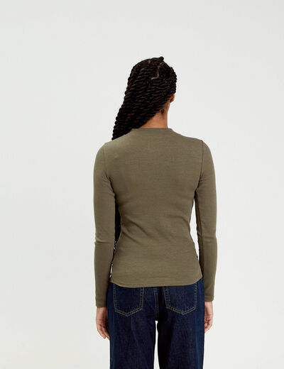 Top ajust&eacute; c&ocirc;tel&eacute; col montant vert kaki femme
