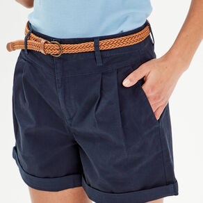 Short chino ceinturé bleu marine femme