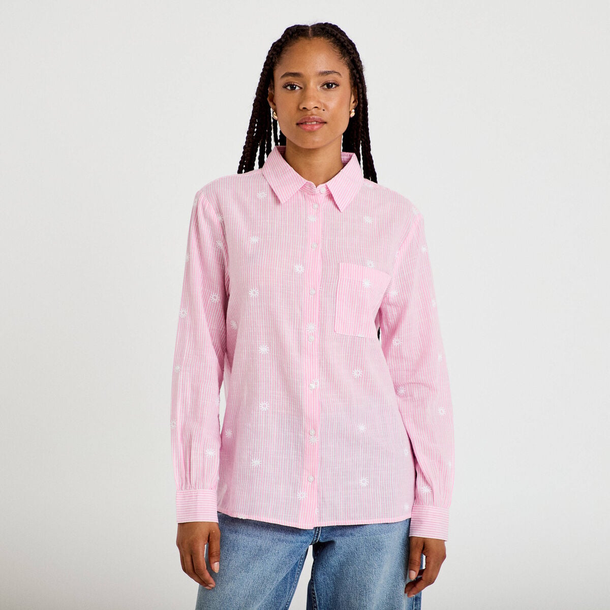 Chemise brod&eacute;e manches longues rose femme