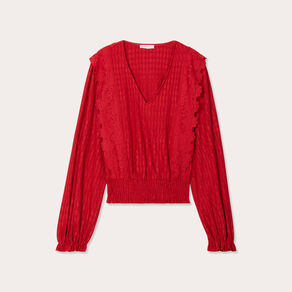 Blouse manches longues smockée rouge femme
