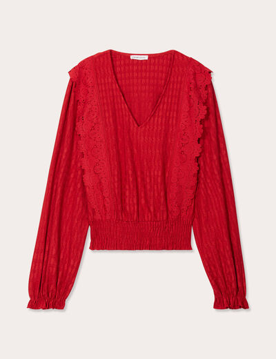 Blouse manches longues smockée rouge femme