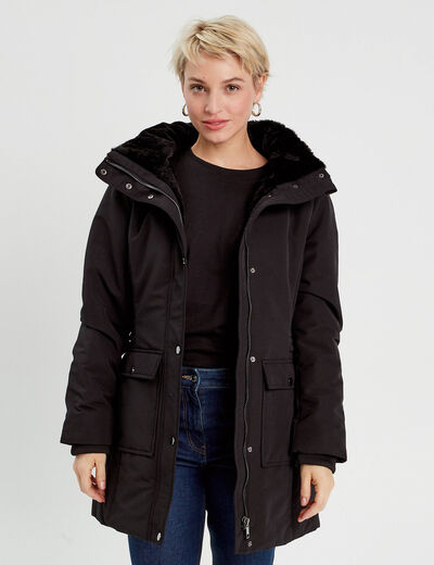 Parka longue à capuche noir femme
