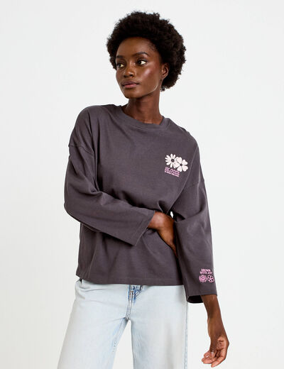 Sweat oversize col rond manches longues gris fonc&eacute; femme