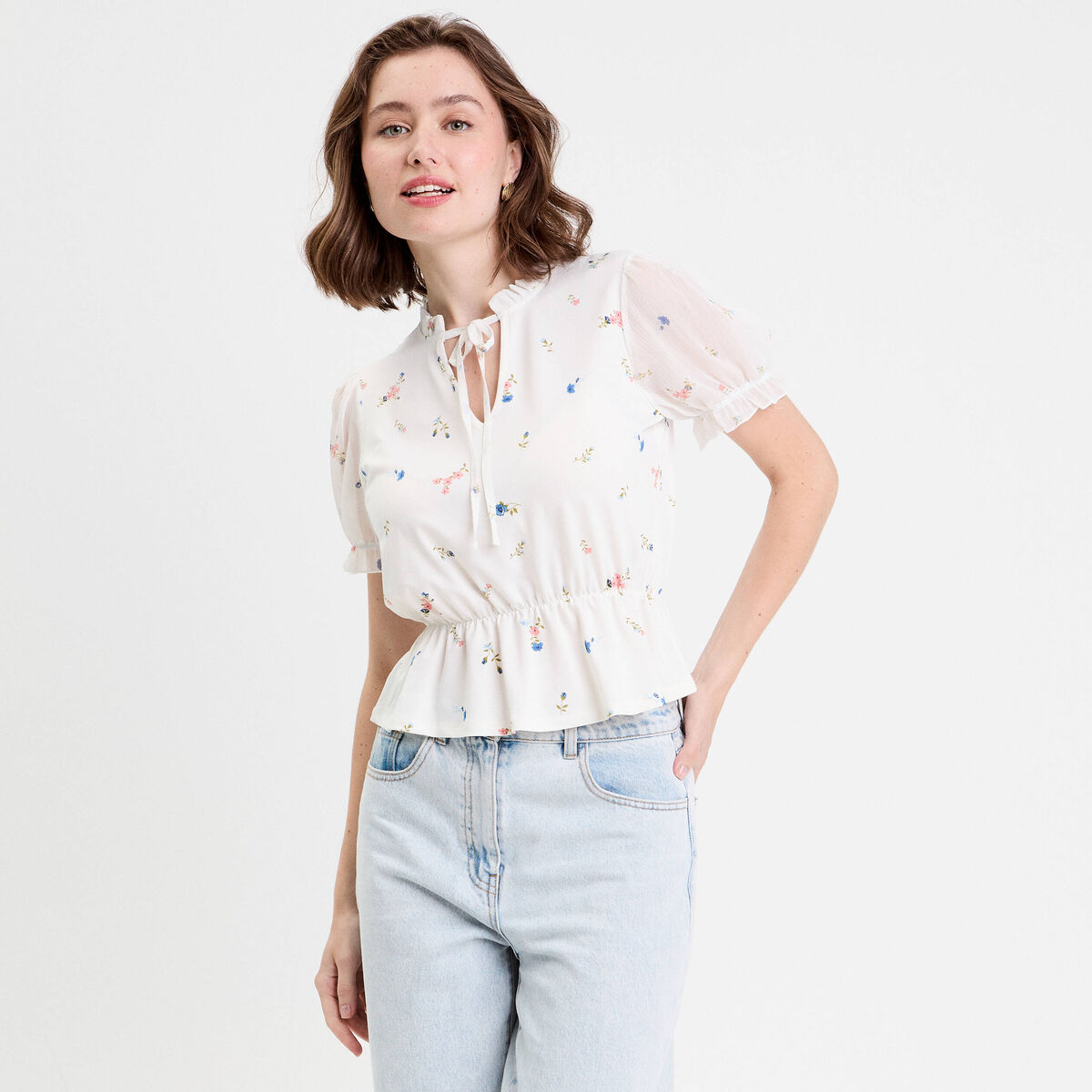 Blouse col V manches courtes blanc femme