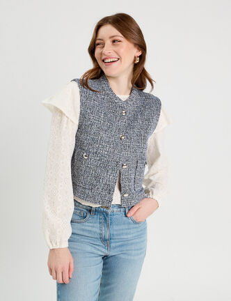 Veste sans manches tweed bleu femme