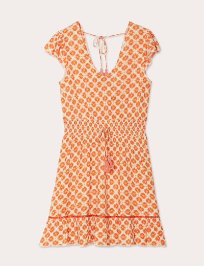 Robe évasée taille smockée orange femme
