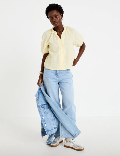 Blouse droite col v manches courtes jaune clair femme