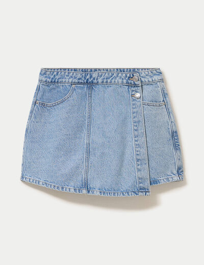 Jupe-short trap&egrave;ze en jean denim triple stone femme