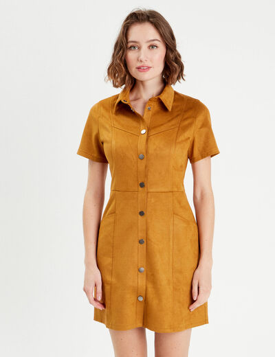 Robe droite boutonnée suédine camel femme