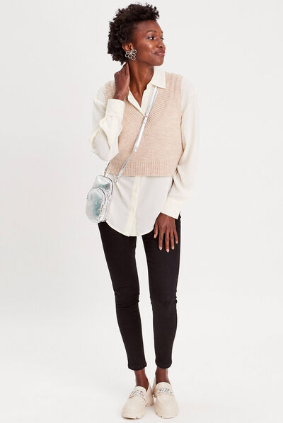 Pull sans manches col en V sable femme