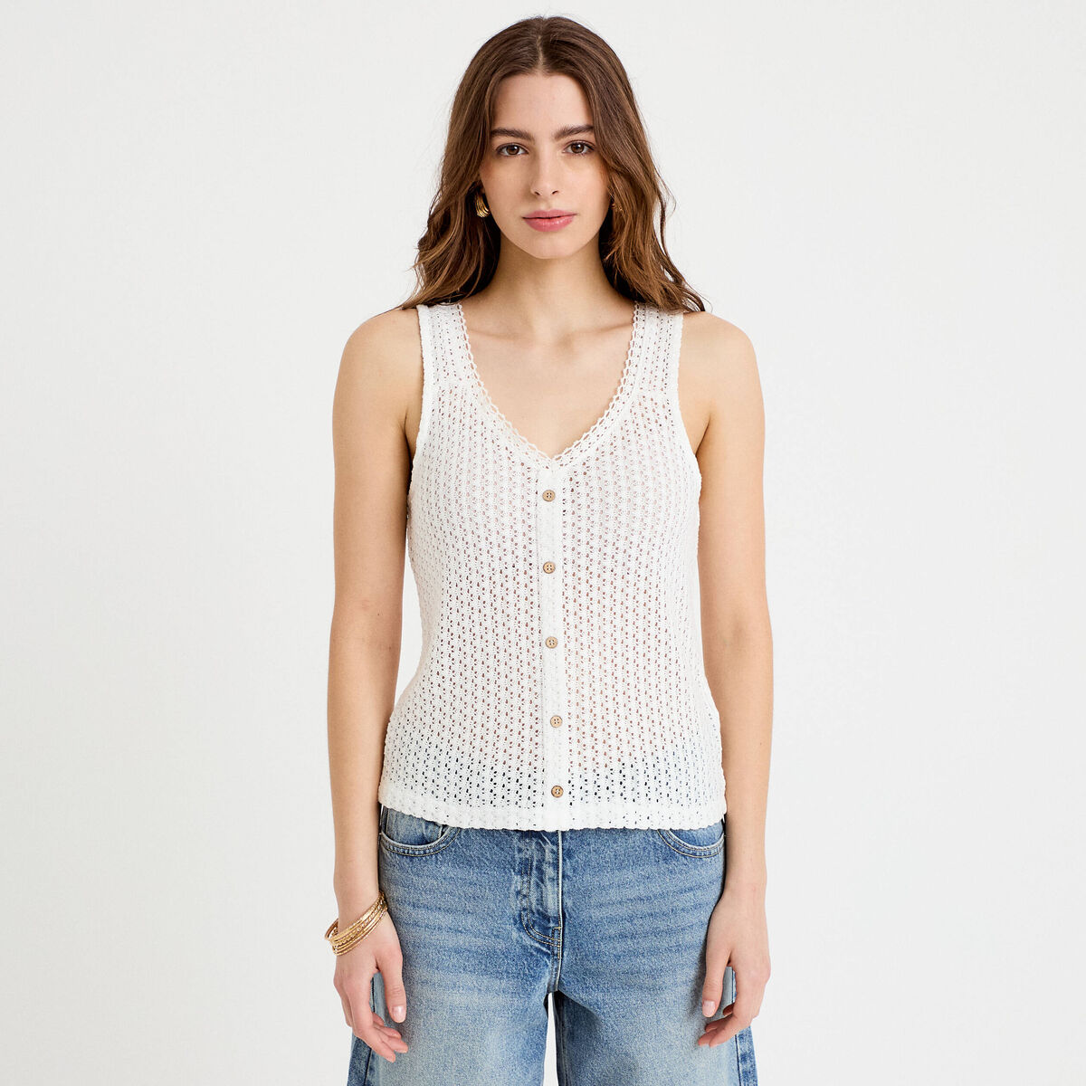 D&eacute;bardeur ajour&eacute; aspect dentelle col v ecru femme