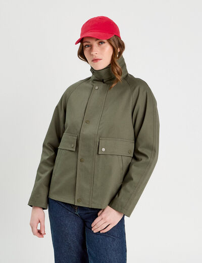 Veste boutonnée col à revers vert kaki femme