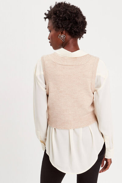 Pull sans manches col en V sable femme