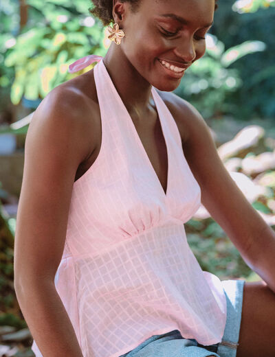 Top ajust&eacute; col v fines bretelles rose clair femme