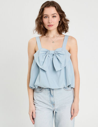 Blouse effet boule et noeud bleu clair femme