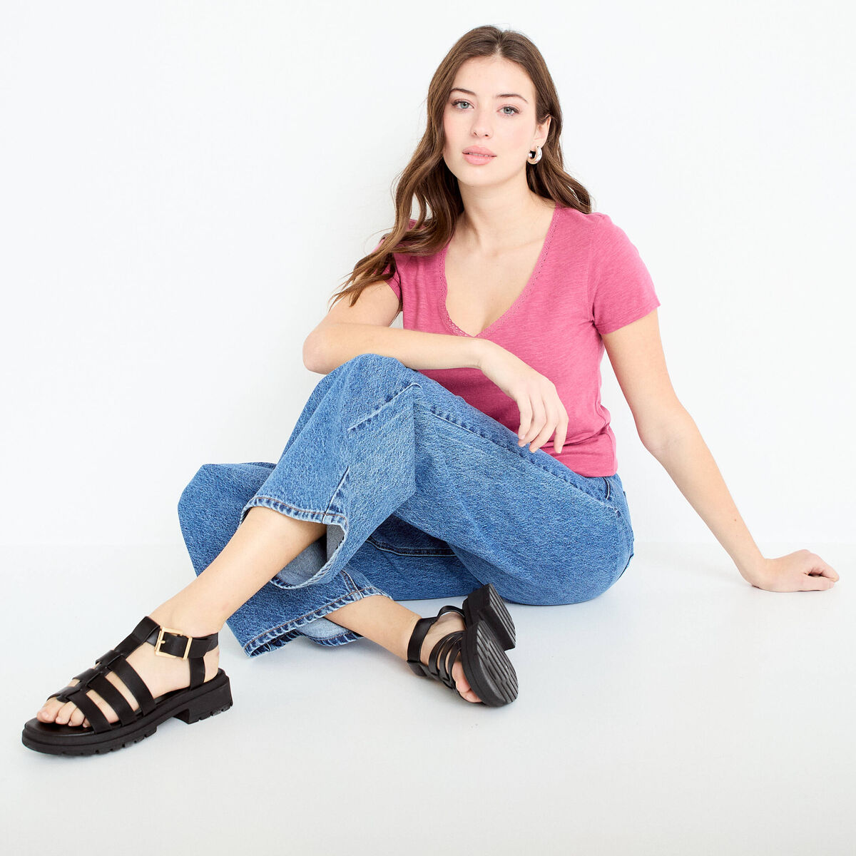 T-shirt col v manches courtes vieux rose femme