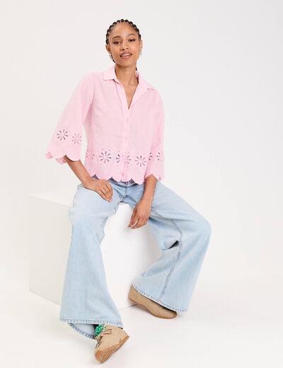 Blouse droite courte col chemise rose poudrée femme