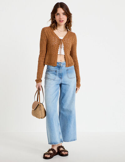 Gilet ajour&eacute; cintr&eacute; manches longues beige femme