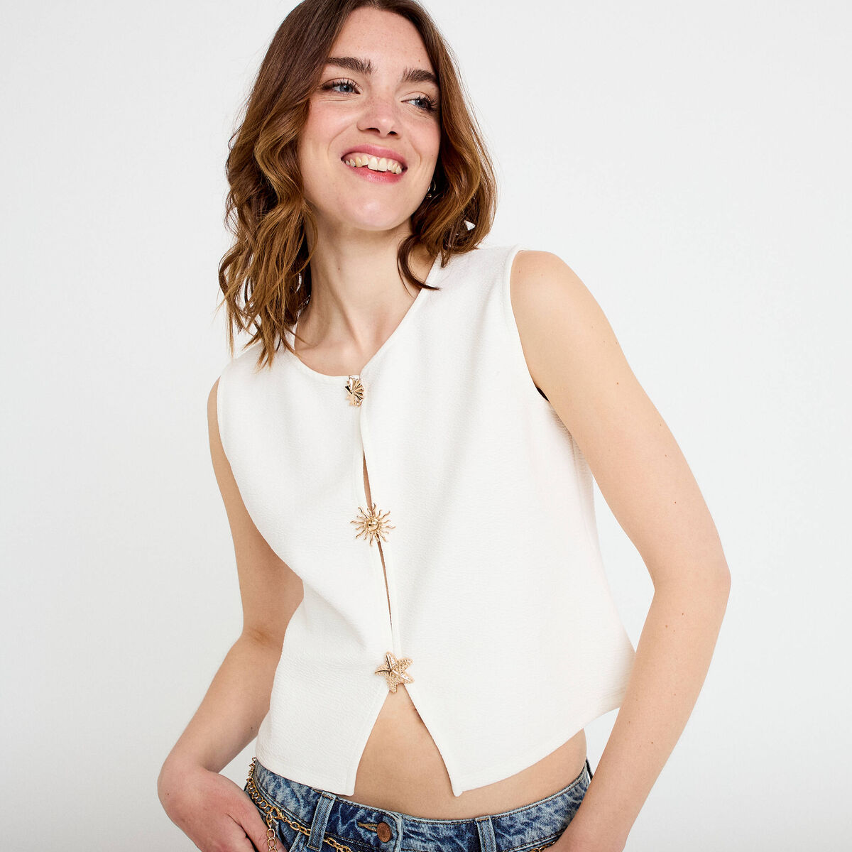 Gilet sans manches col rond ecru femme