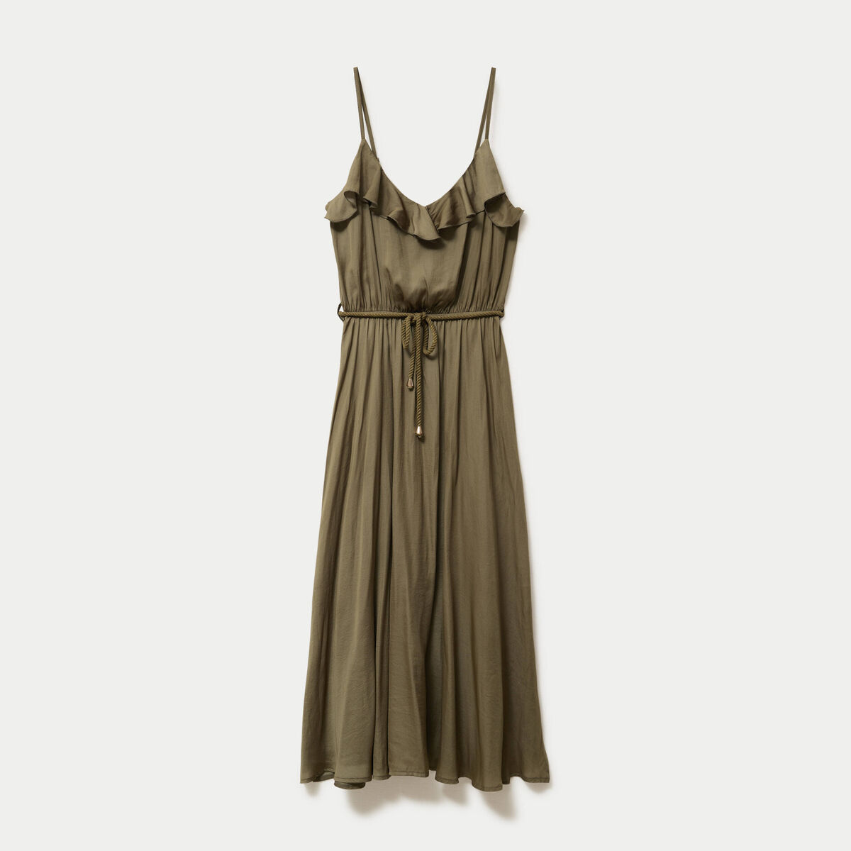 Robe longue &eacute;vas&eacute;e col v bretelles vert kaki femme