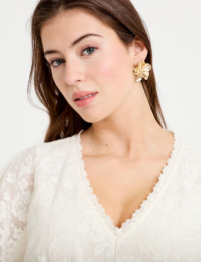 Robe courte &eacute;vas&eacute;e col v dentelle ecru femme