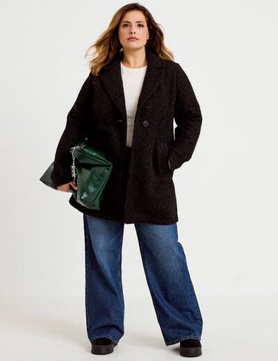 Manteau droit mi-long col tailleur noir femme