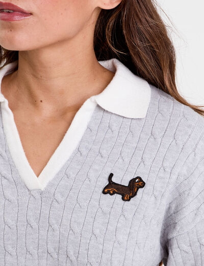 Pull manches longues col polo gris clair femme