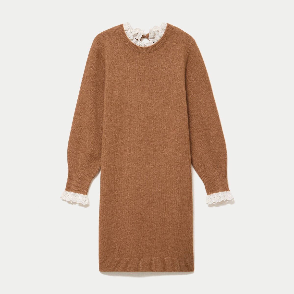 Robe pull ajust&eacute;e col rond dentelle camel femme