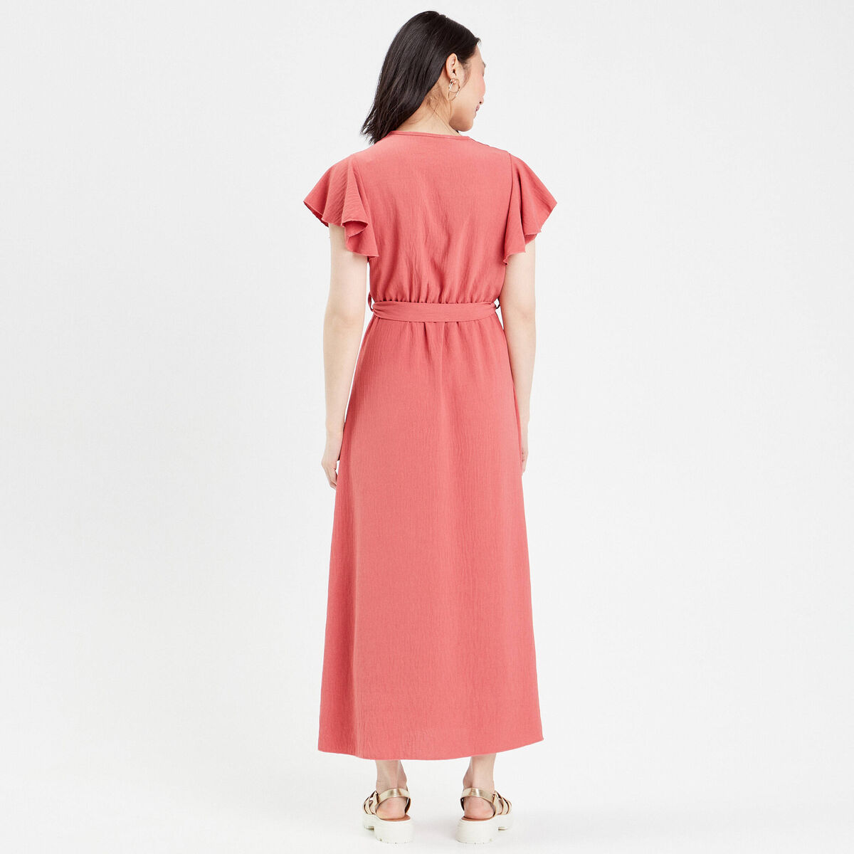 Robe longue évasée cache-coeur vieux rose femme