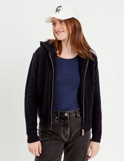Gilet &agrave; capuche zipp&eacute; bleu marine femme
