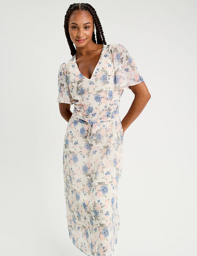 Robe midi évasée col en V blanc femme
