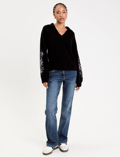 Pull brod&eacute; manches longues noir femme