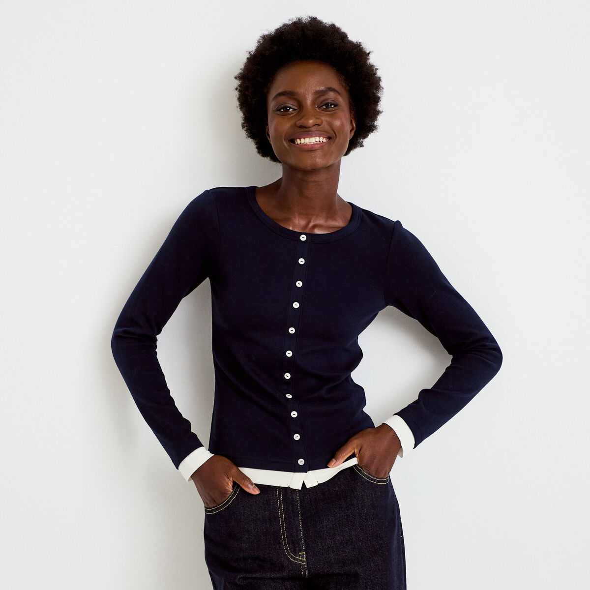 Top col rond manches longues bleu marine femme