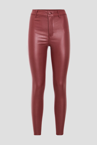 Pantalon skinny enduit bordeaux femme