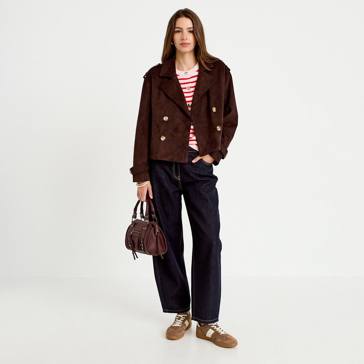 Trench droit manches longues aspect daim marron chocolat femme