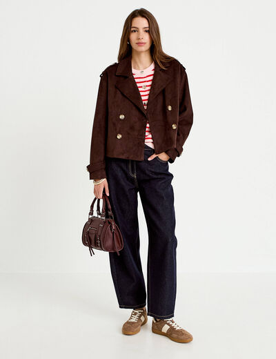 Trench droit manches longues aspect daim marron chocolat femme