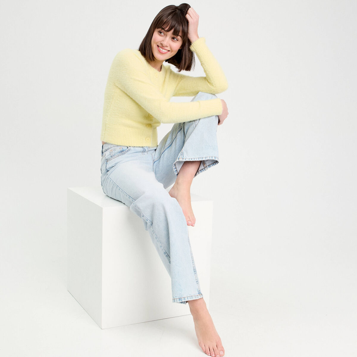Gilet manches longues cropped jaune clair femme