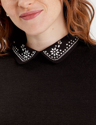 Pull col chemise bijoux noir femme