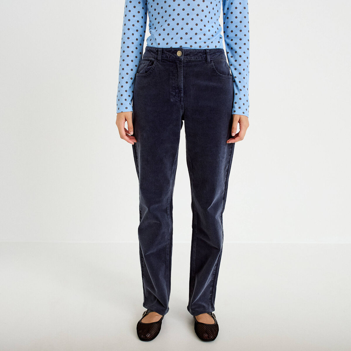 Pantalon droit en velours bleu marine femme