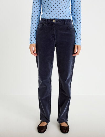 Pantalon droit en velours bleu marine femme