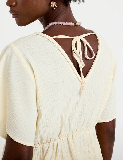 Blouse pliss&eacute;e col v manches courtes ecru femme