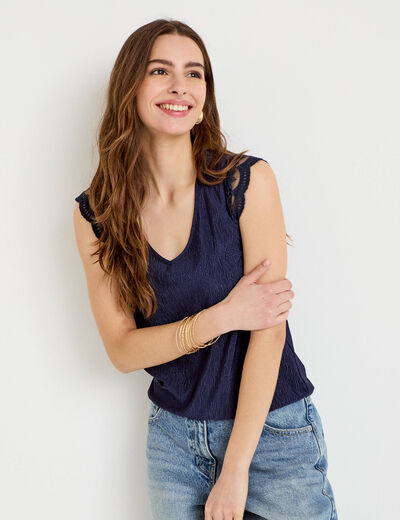 Blouse sans manches pliss&eacute;e bleu marine femme