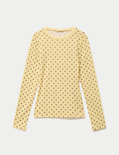 T-shirt ajust&eacute; col rond manches longues jaune clair femme