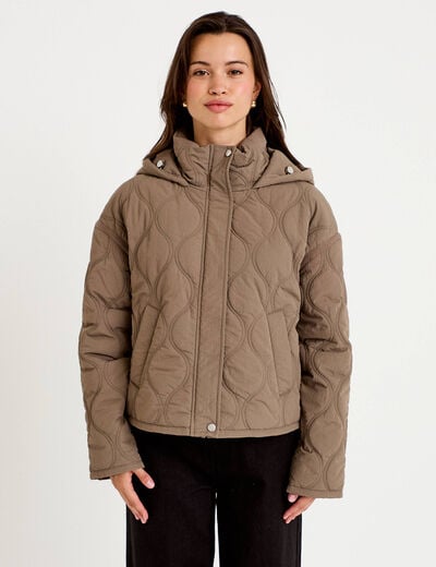Veste droite &agrave; capuche manches longues taupe femme